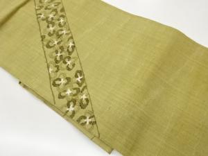 手織り紬斜め横段に抽象花々模様刺繍名古屋帯